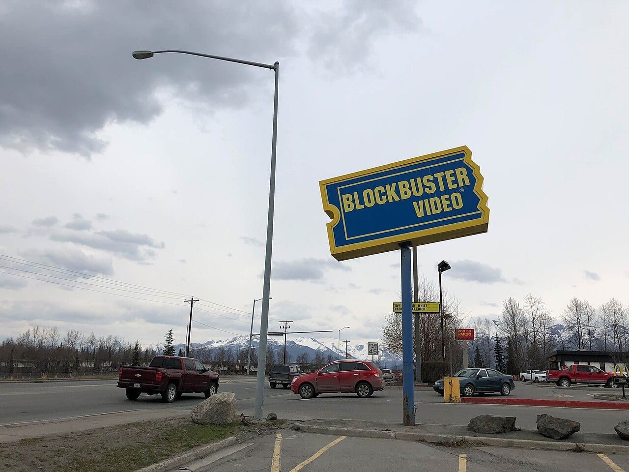 Blockbuster Video storefront sign in Anchorage, Alaska.
